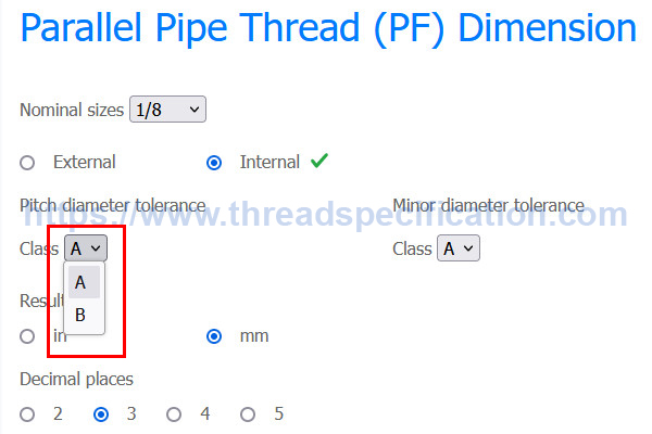 PF internal tolerance class